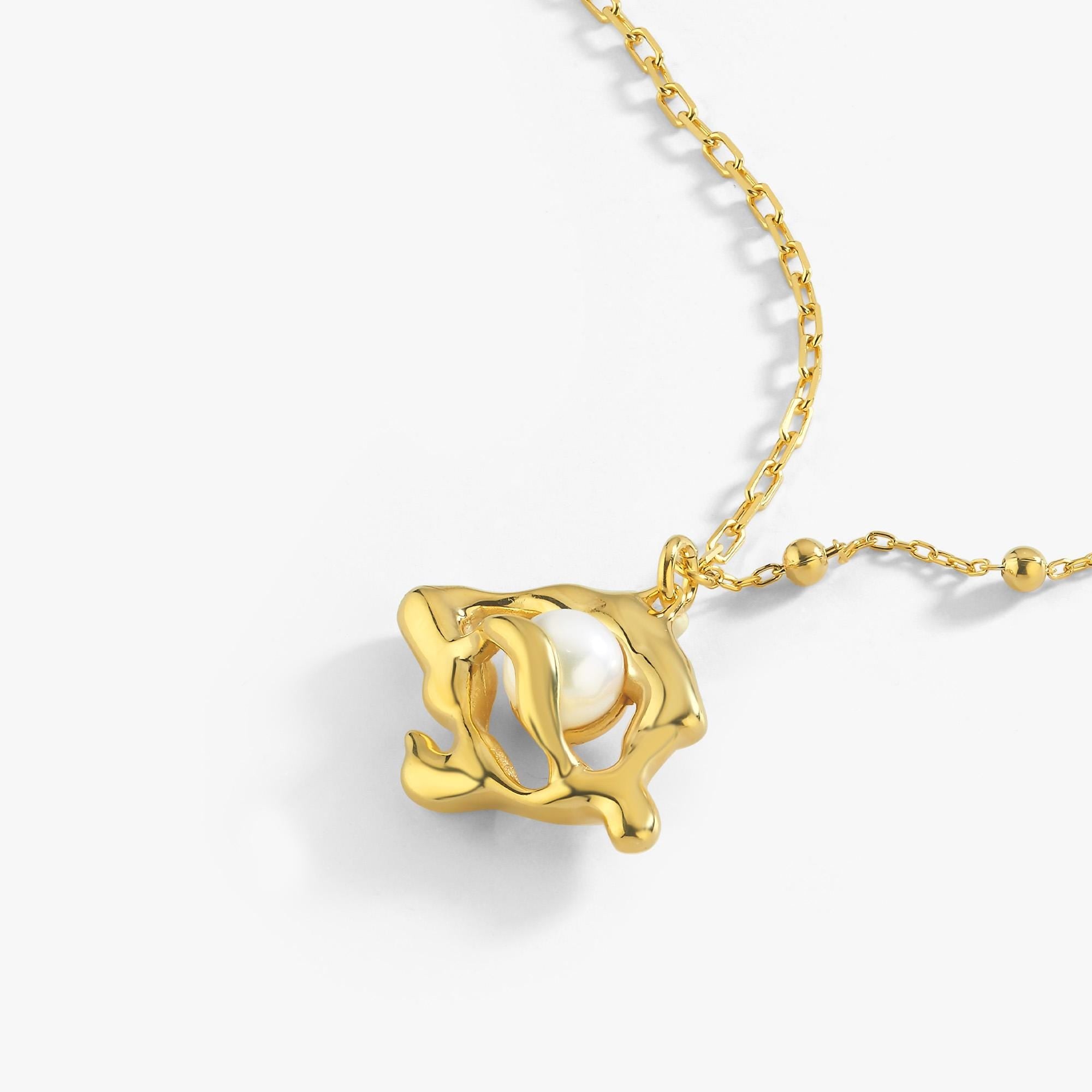 14K Gold Plated Abstract Single Pearl Necklace, Freshwater Pearl, Wedding Gift