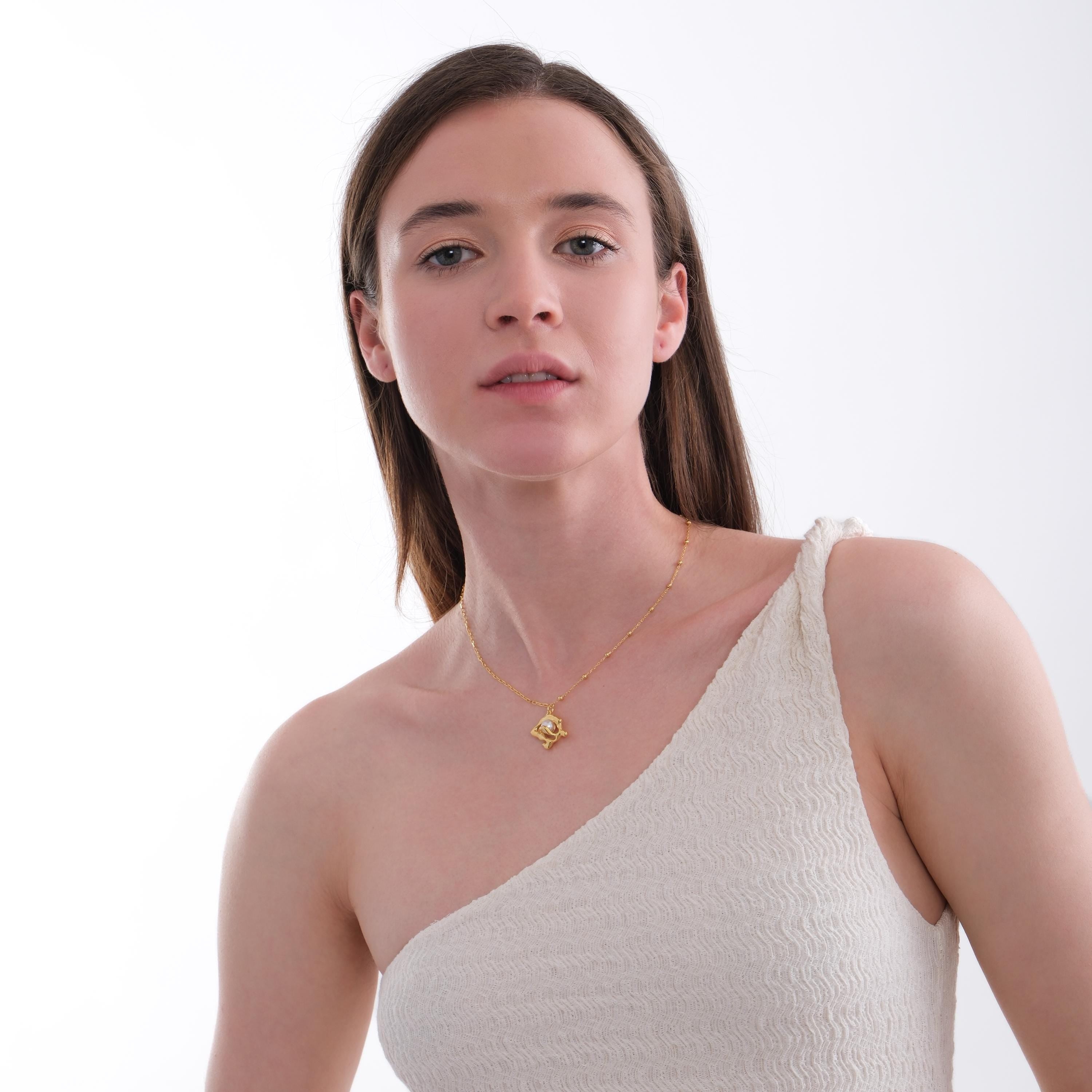 14K Gold Plated Abstract Single Pearl Necklace, Freshwater Pearl, Wedding Gift