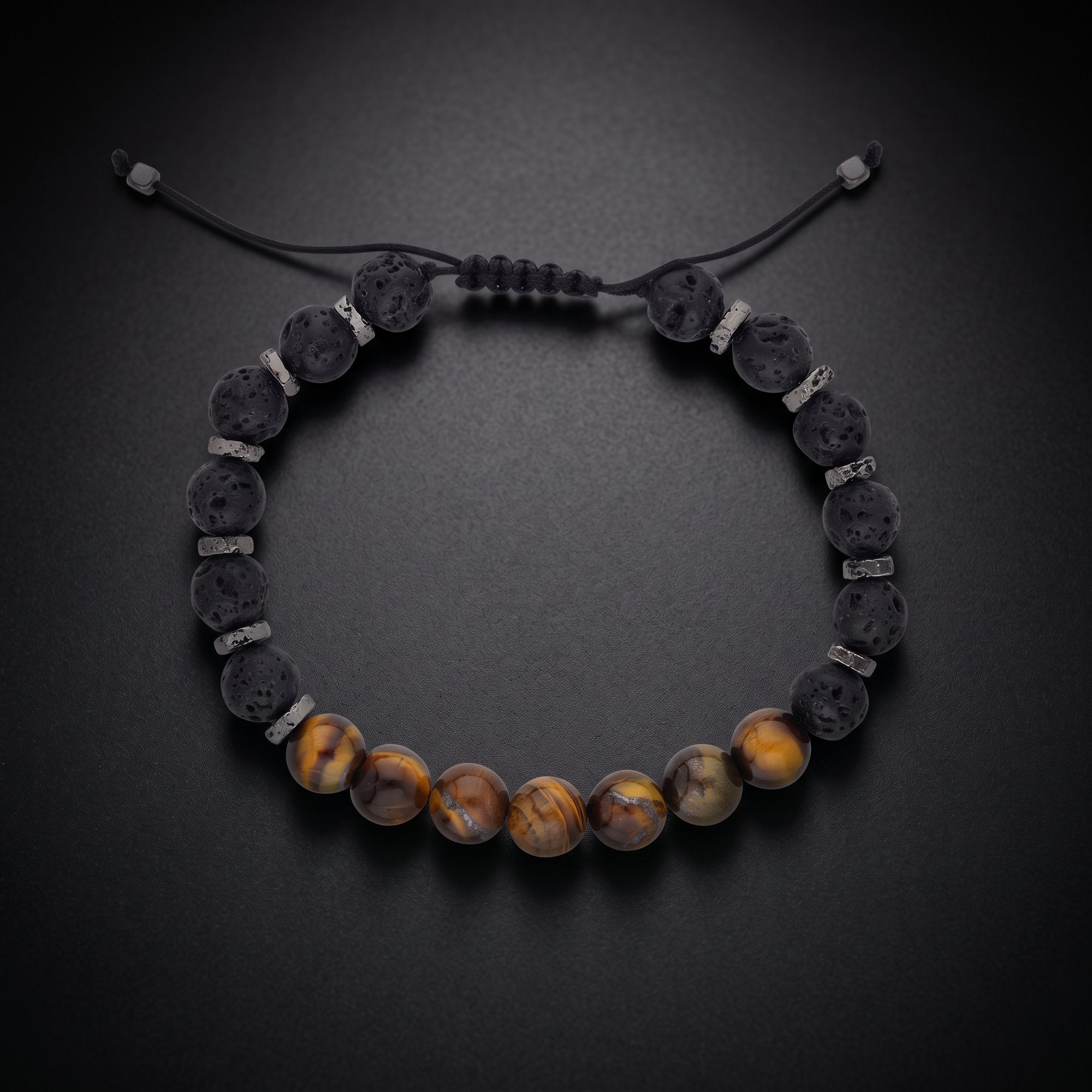 Men's jasper and matte onyx natural stone bracelet with brown jasper beads on an adjustable cord