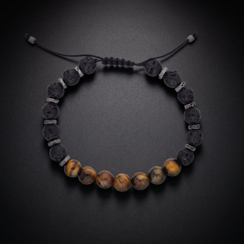 Men's jasper and matte onyx natural stone bracelet with brown jasper beads on an adjustable cord