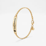 Gold medical ID bracelet with an engraved medical alert bar for Type 2 Diabetes on a curb chain, with lobster clasp