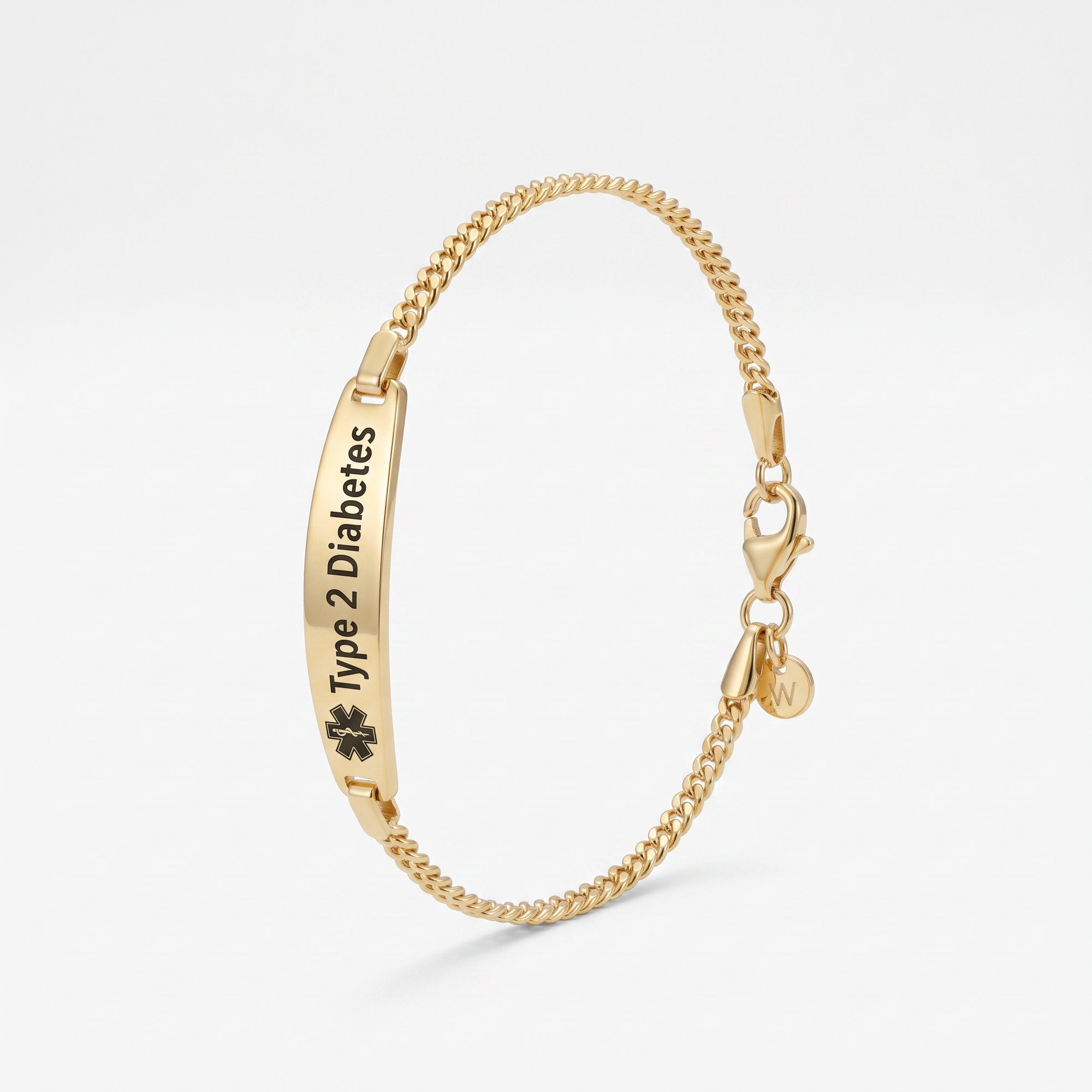Gold medical ID bracelet with an engraved medical alert bar for Type 2 Diabetes on a curb chain, with lobster clasp
