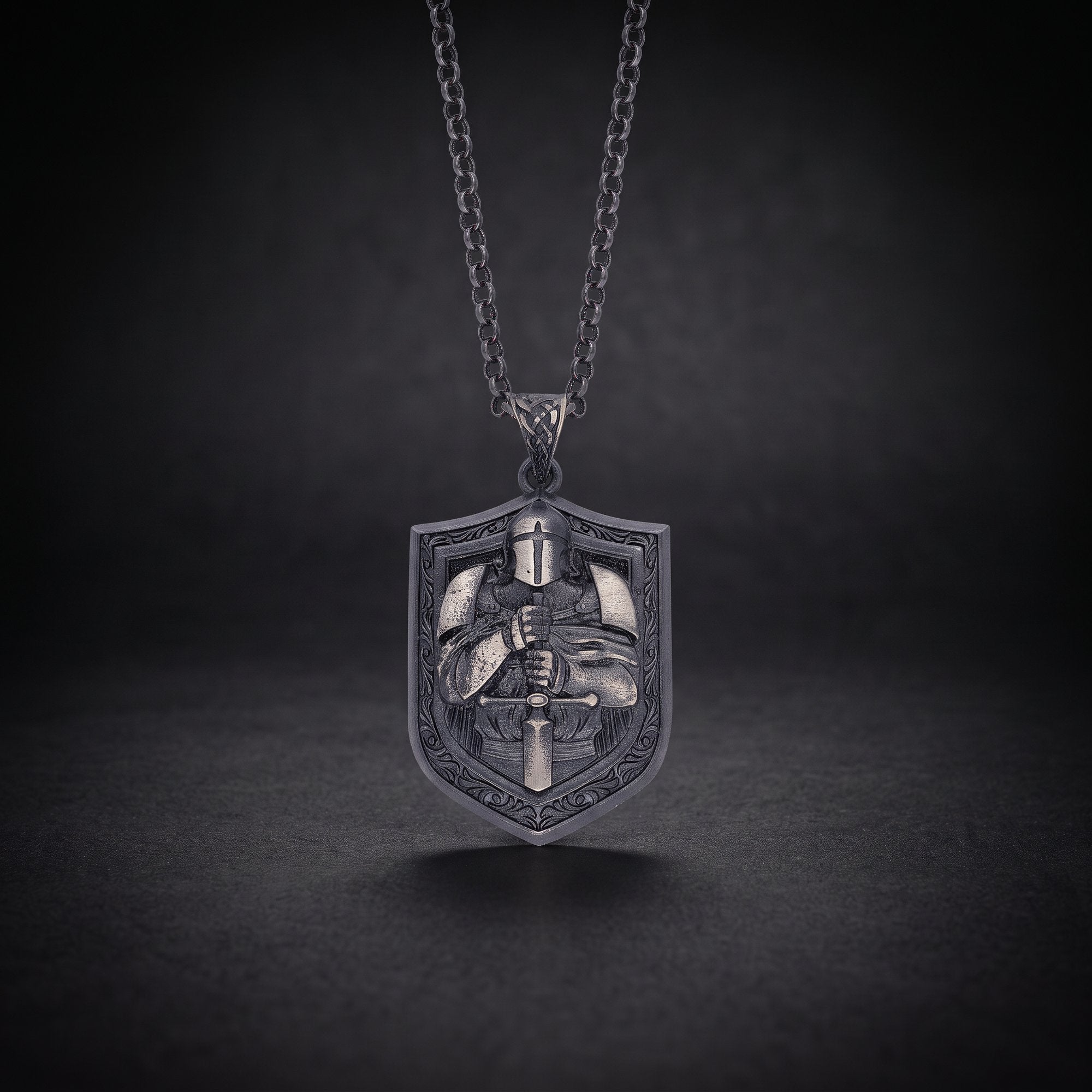 Medieval knight shield pendant necklace in oxidized 925 sterling silver