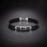 Men's cross bracelet in stainless steel and black rubber with a cross plate