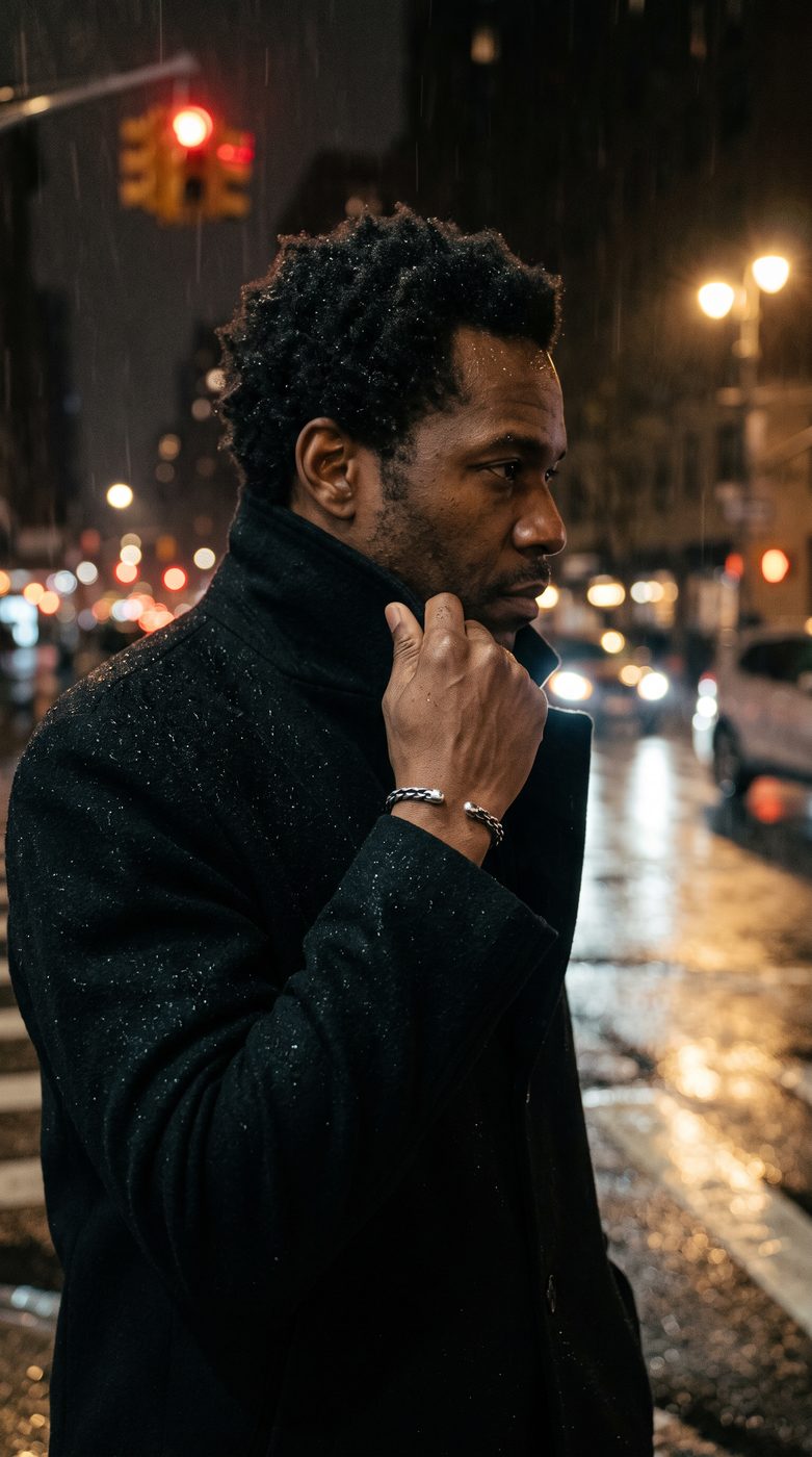 Man on a rainy New York street at night wearing a silver bracelet