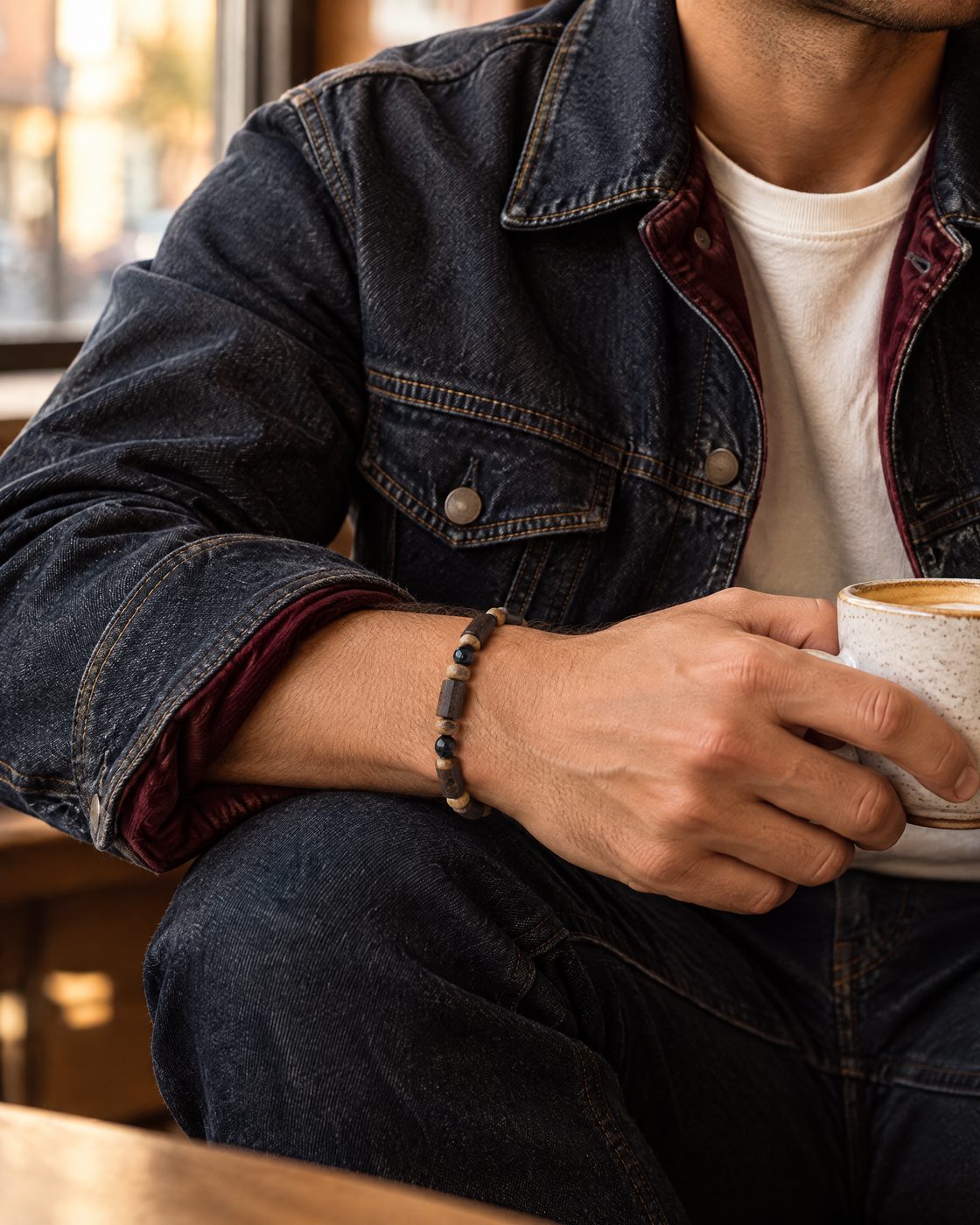 Man in a denim jacket holding a coffee, wearing a beaded stone bracelet