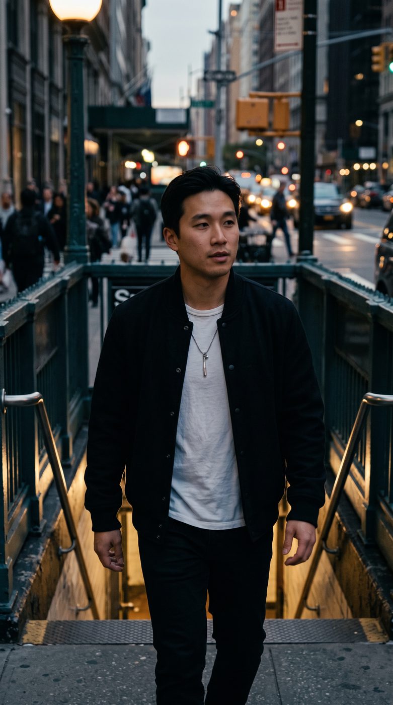 Man walking up from a New York subway entrance in a black jacket and silver chain