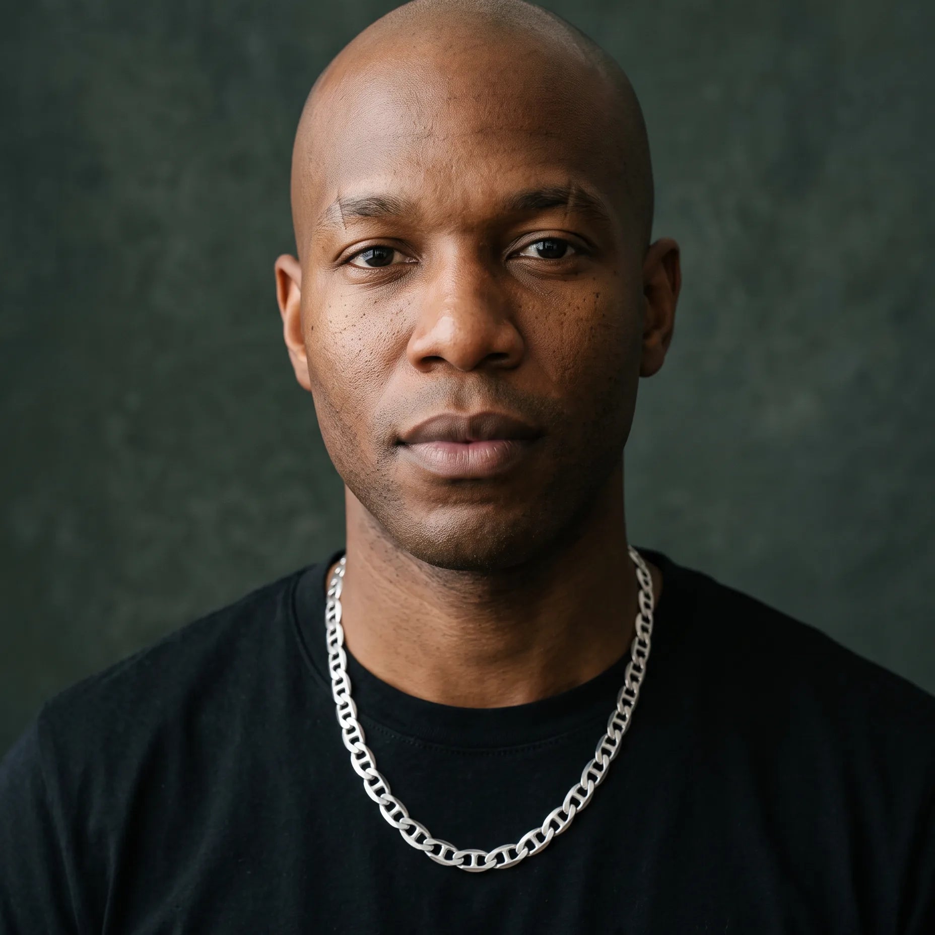 Man in a black tee wearing a silver mariner chain necklace
