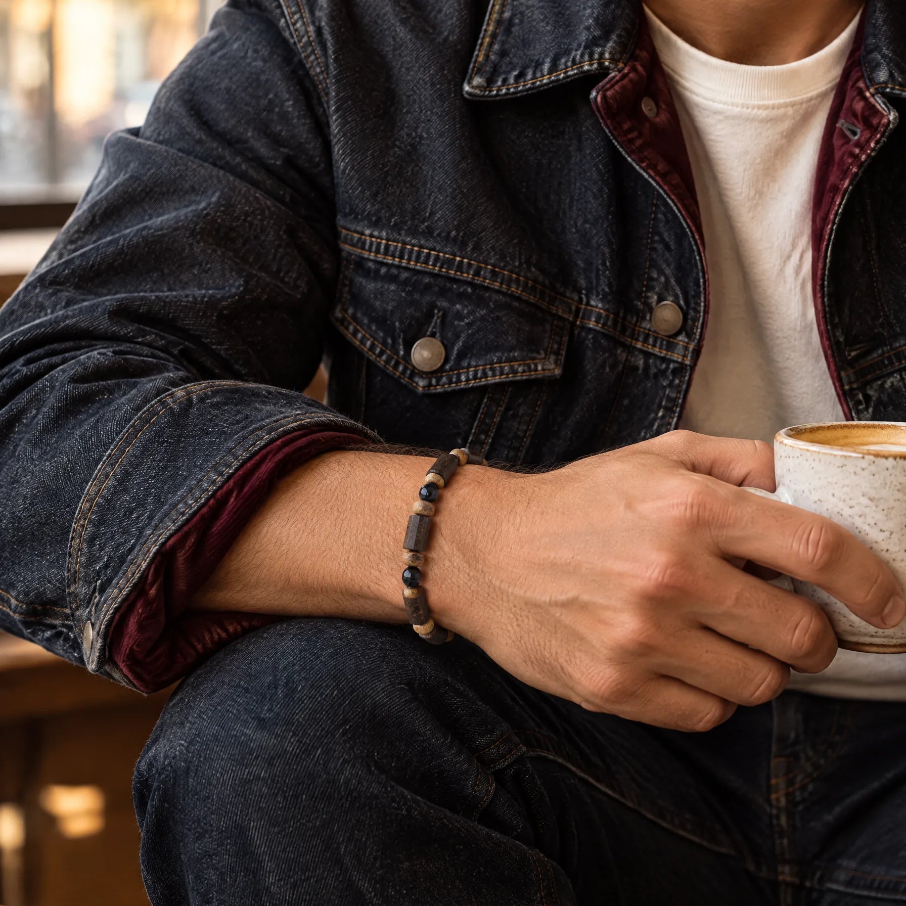 Man in a denim jacket with coffee wearing a stone bracelet