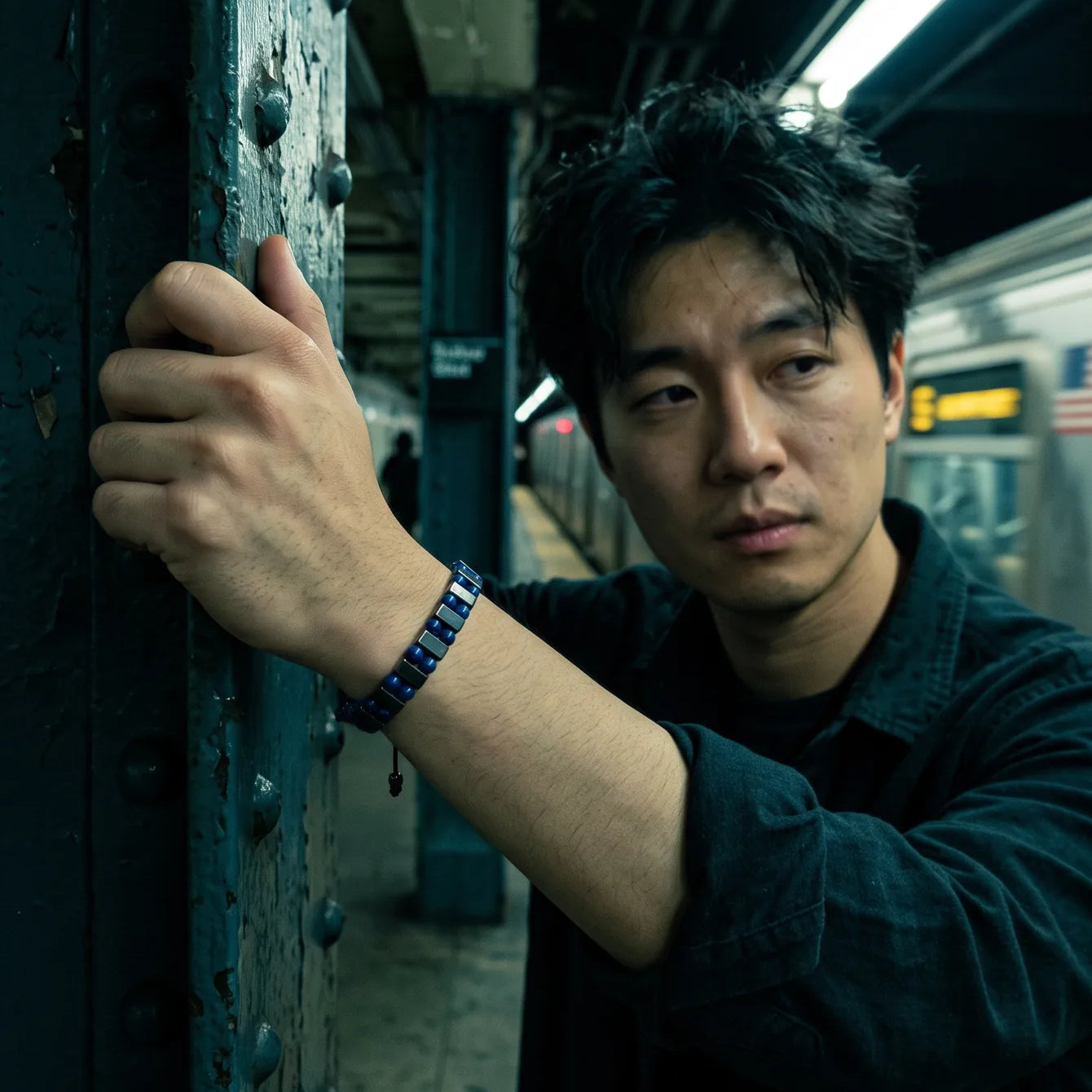Man on a subway platform wearing a lapis lazuli and hematite bracelet