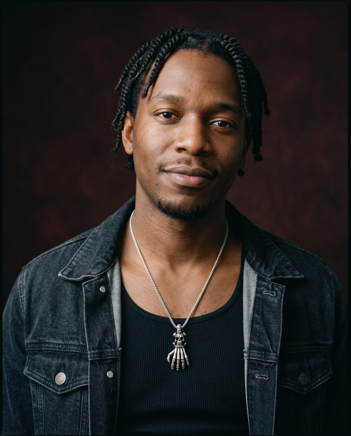 Smiling man in a denim jacket wearing a silver skeleton hand pendant necklace