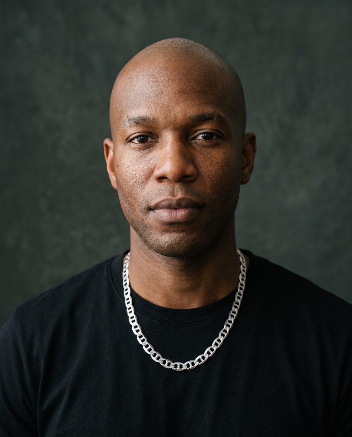 Portrait of a man in a black T-shirt wearing a silver curb chain necklace