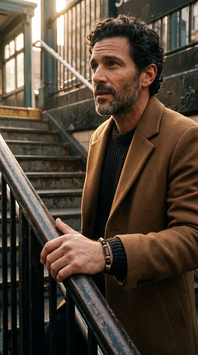 Man in a camel coat on brownstone stairs wearing a silver cuff bracelet