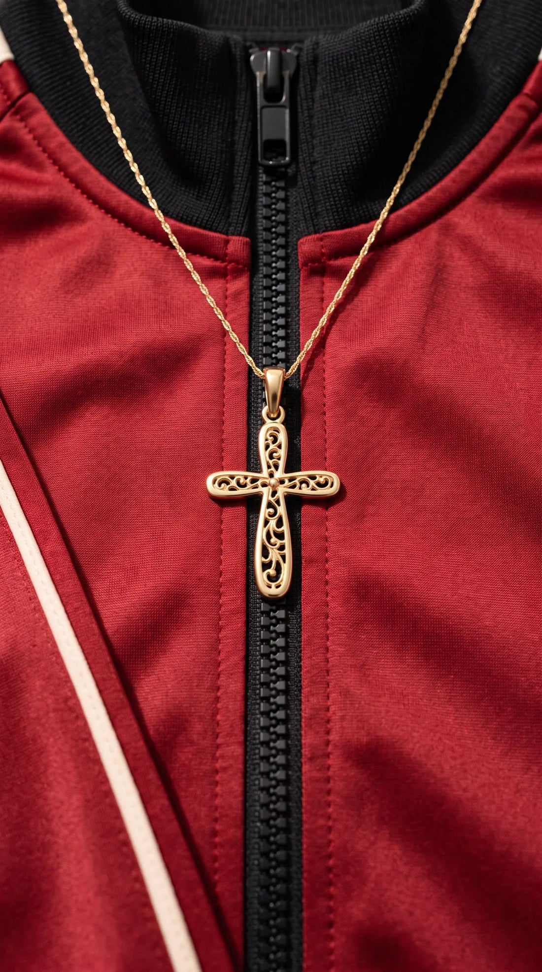 Floral cross necklace on a red track jacket