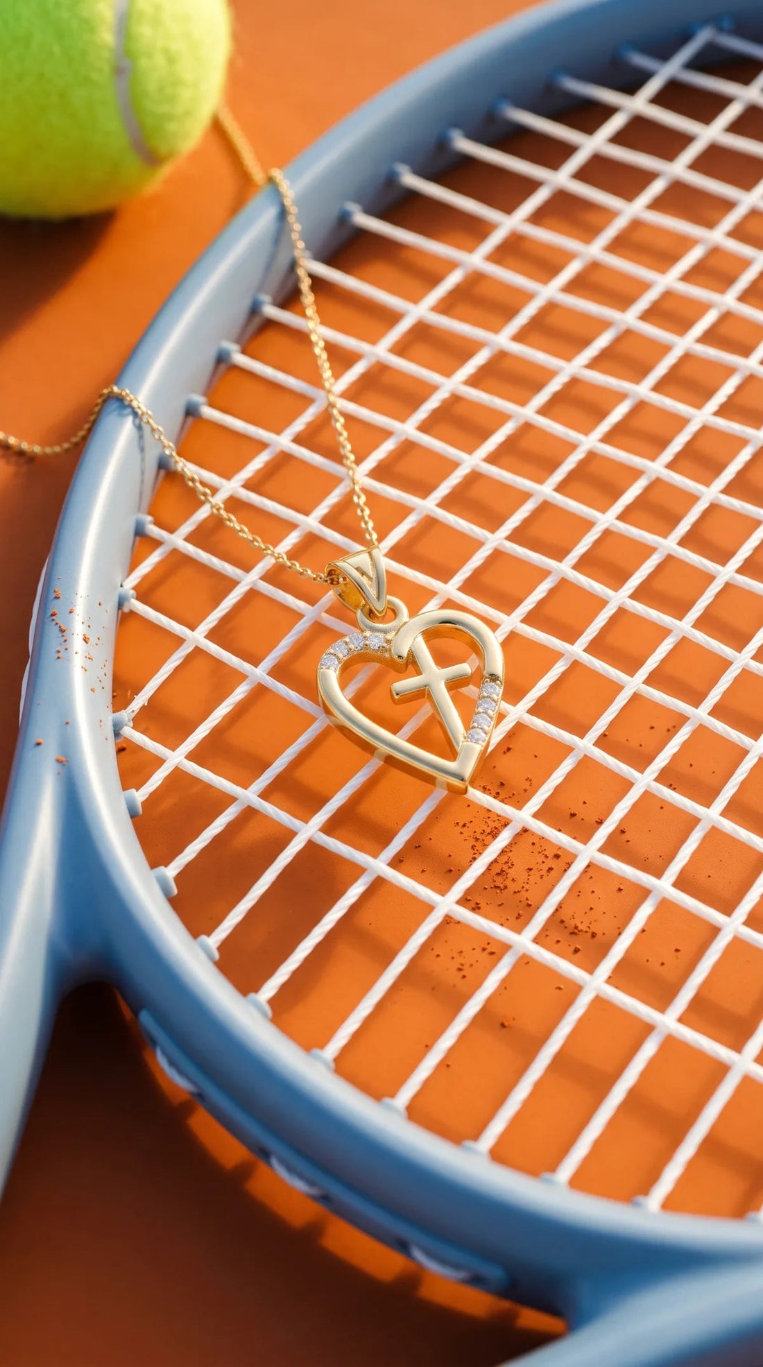 Heart and cross necklace on a tennis racket
