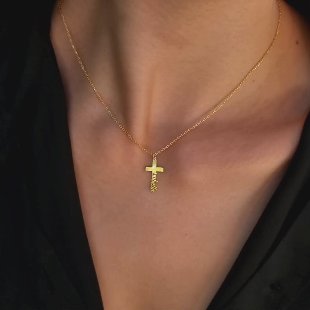 Cross Name Necklace | 14K Solid Gold