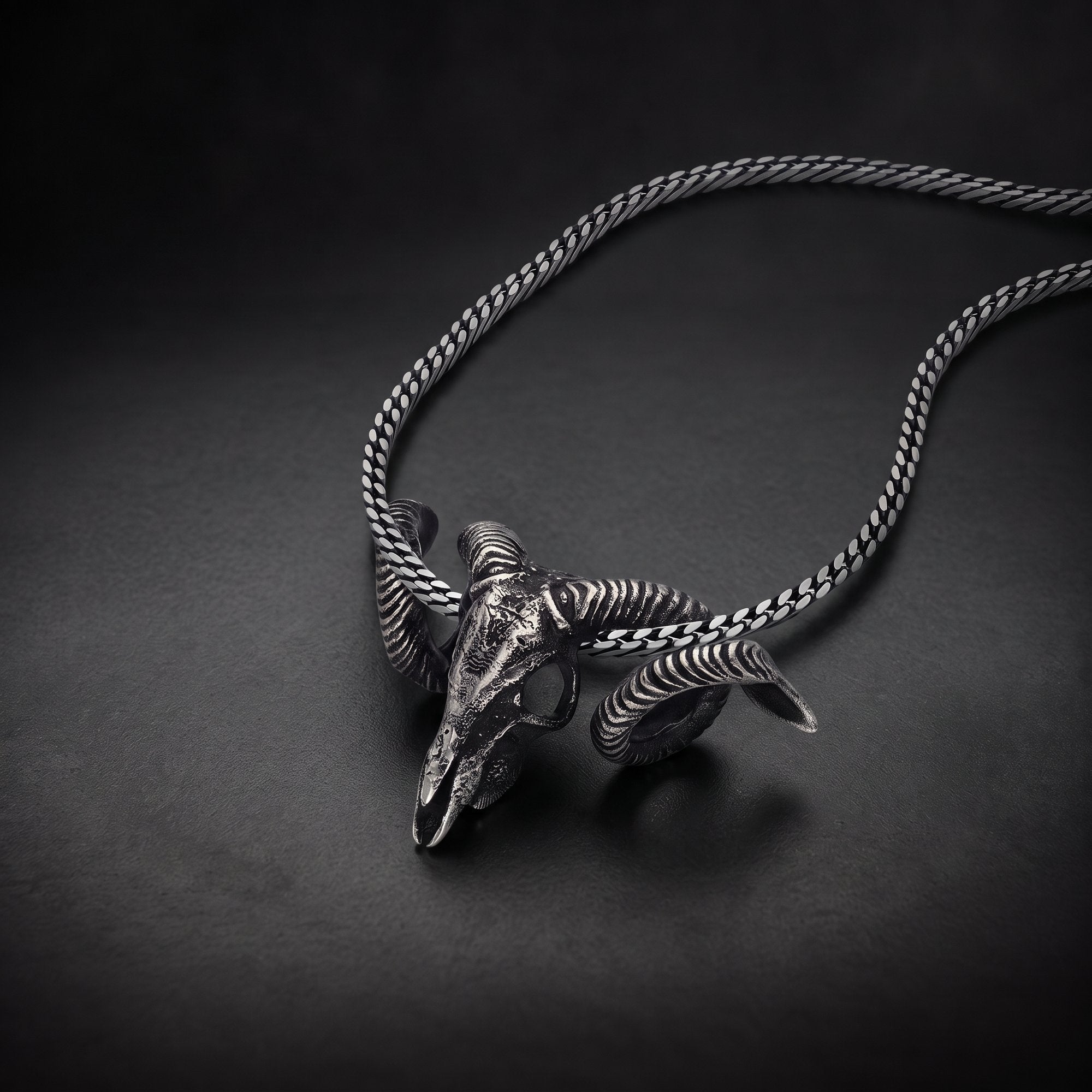 Men's ram skull necklace in oxidized 925 sterling silver