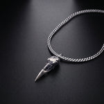 Men's raven skull necklace in oxidized sterling silver on a curb chain