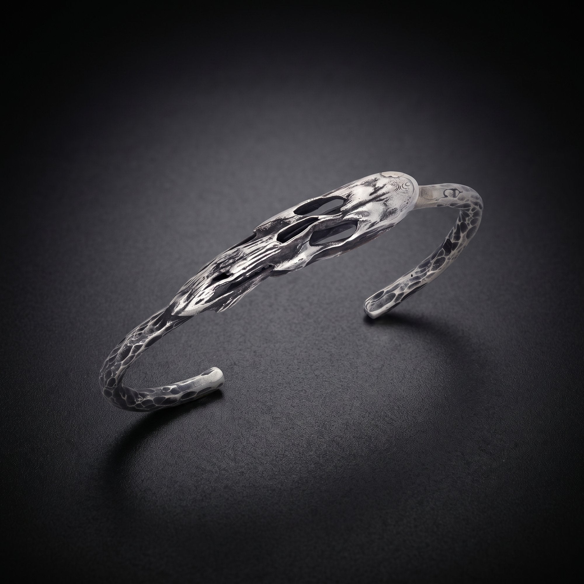 Men's silver skull cuff bracelet in oxidized 925 sterling silver
