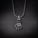 Men's skeleton hand necklace with a skull in 925 sterling silver