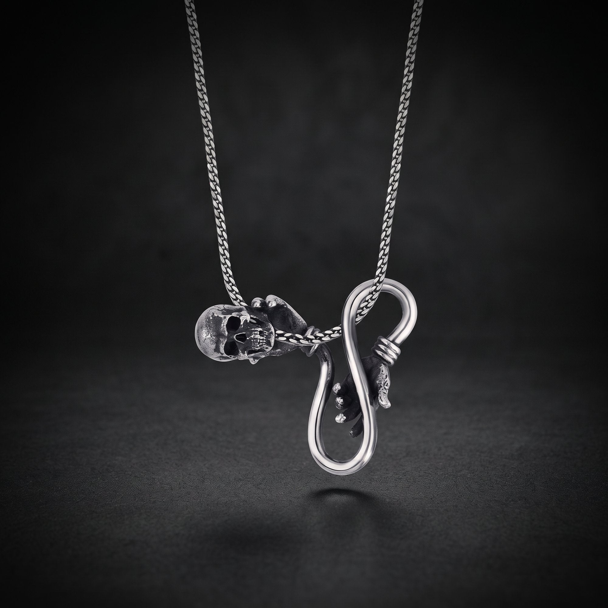 Men's skull and hand infinity necklace in 925 sterling silver
