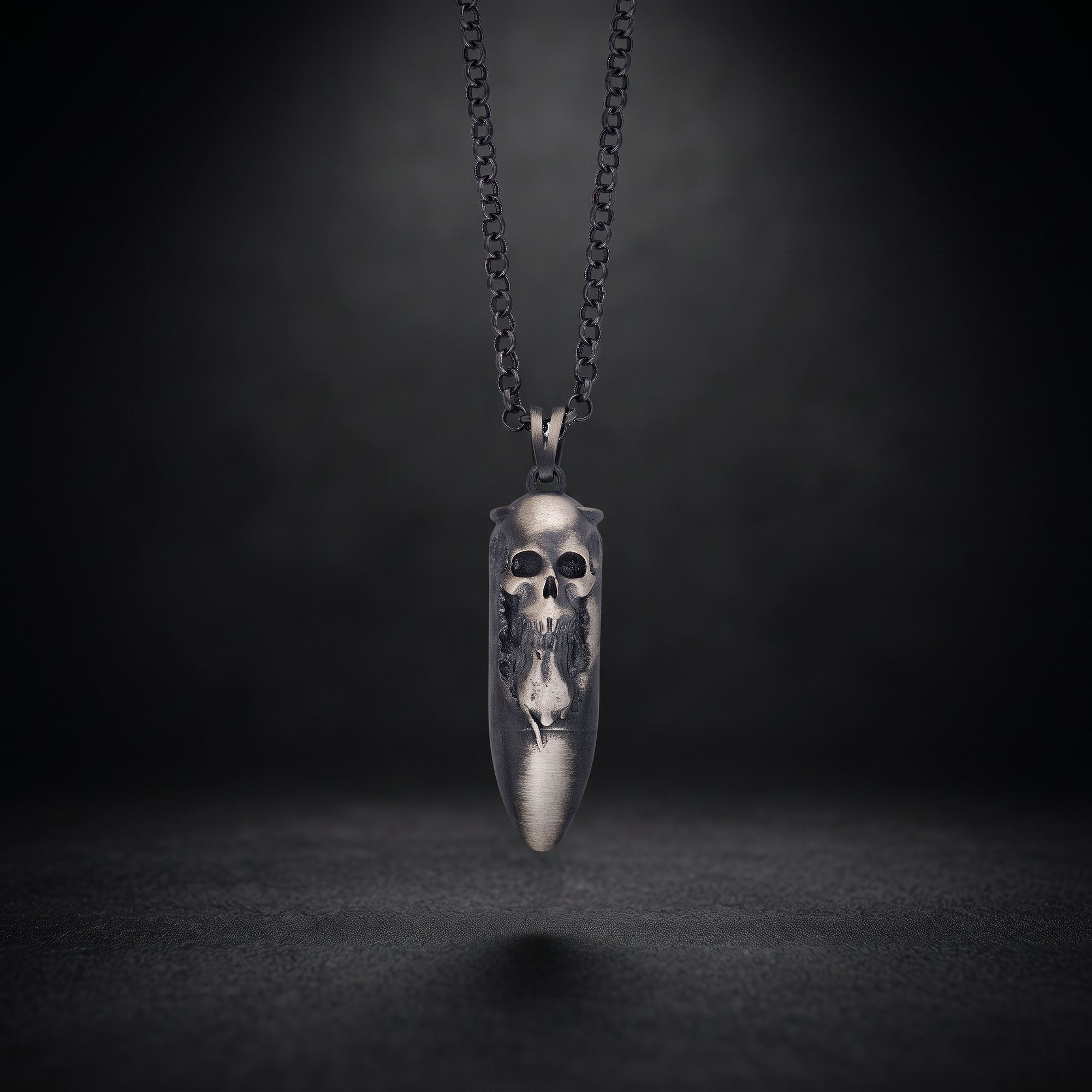Men's skull bullet pendant necklace in oxidized 925 sterling silver