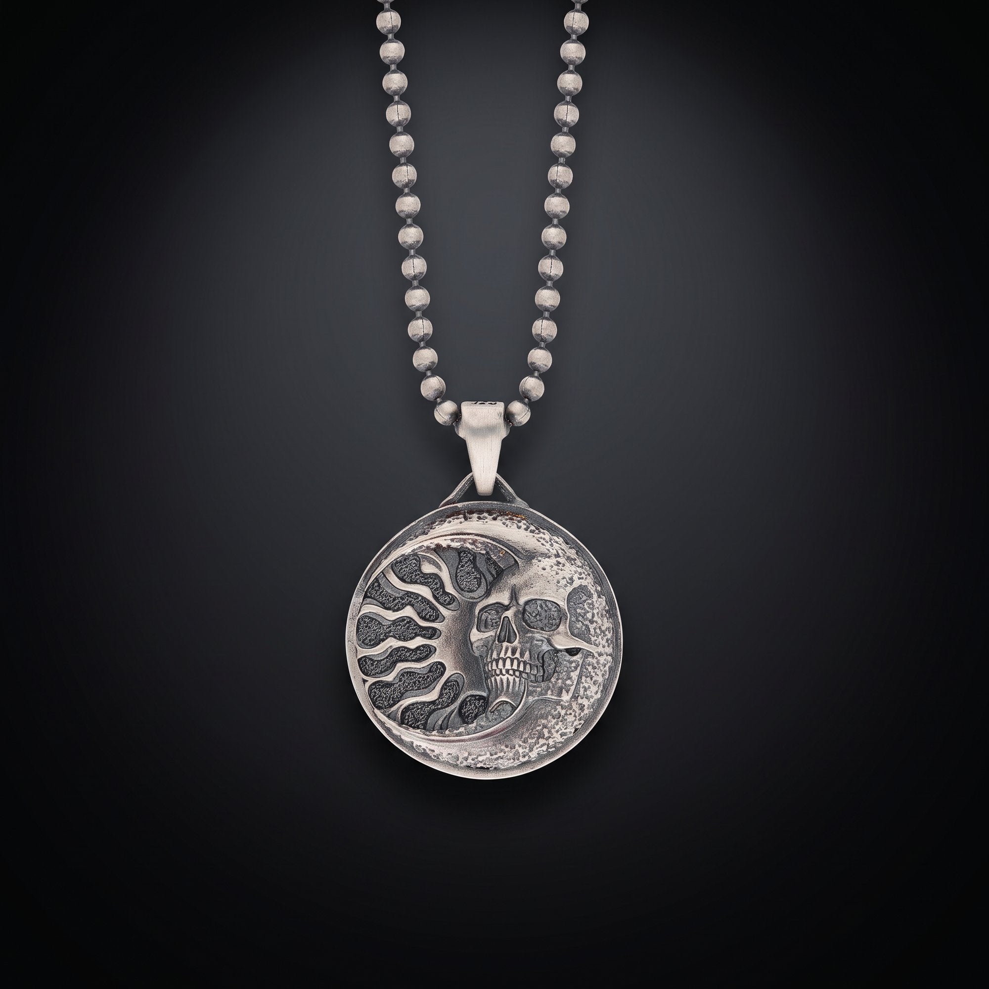 Skull sun medallion necklace for men in oxidized 925 sterling silver on a ball chain