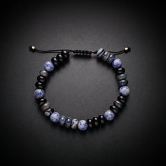 Men's sodalite and black onyx natural stone bracelet on an adjustable cord