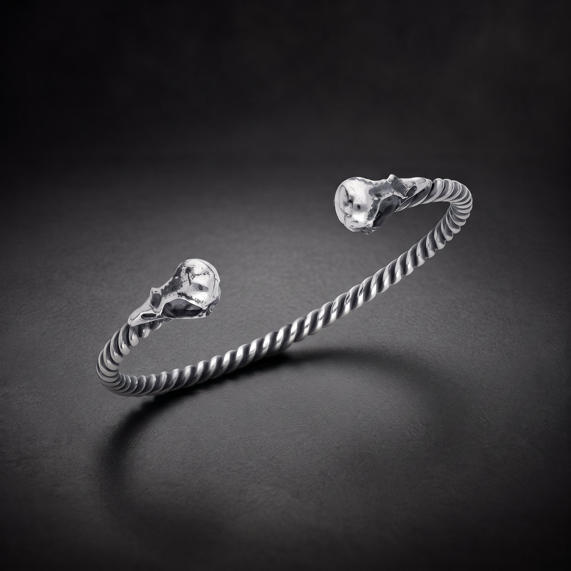 Men's twisted bird skull cuff bracelet in 925 sterling silver