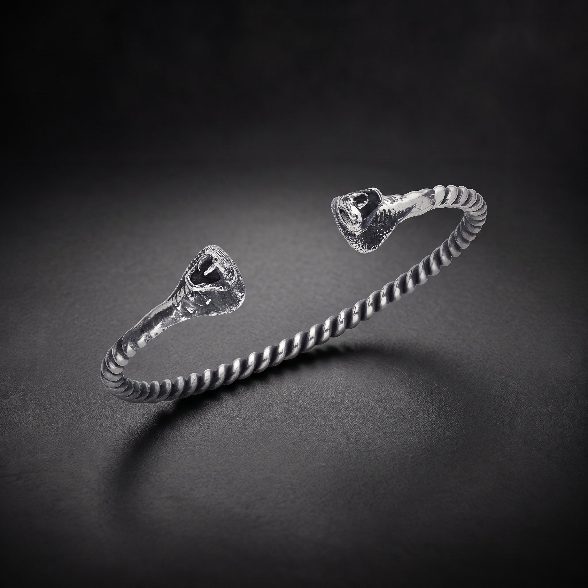 Men's twisted snake cuff bracelet in 925 sterling silver with snake head ends