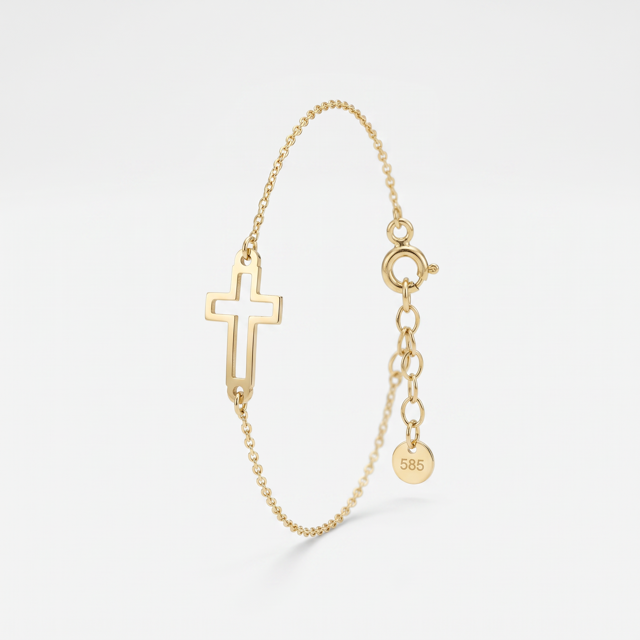 Gold cross bracelet for women with an open sideways cross on a dainty cable chain, extender and 585 gold tag