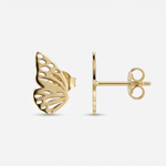 Gold butterfly wing stud earrings with cut-out wing pattern, shown from the front and side with post and butterfly back