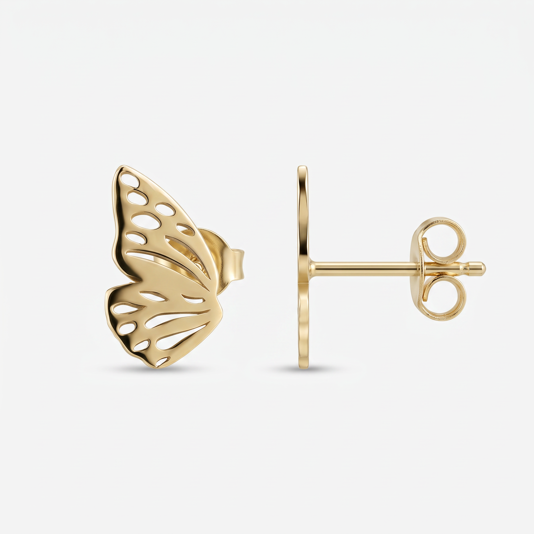 Gold butterfly wing stud earrings with cut-out wing pattern, shown from the front and side with post and butterfly back