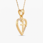 Gold heart cross necklace for women, an open heart pendant with a cross inside and pavé stones, 18K gold vermeil