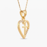 Gold heart cross necklace for women, an open heart pendant with a cross inside and pavé stones, 18K gold vermeil