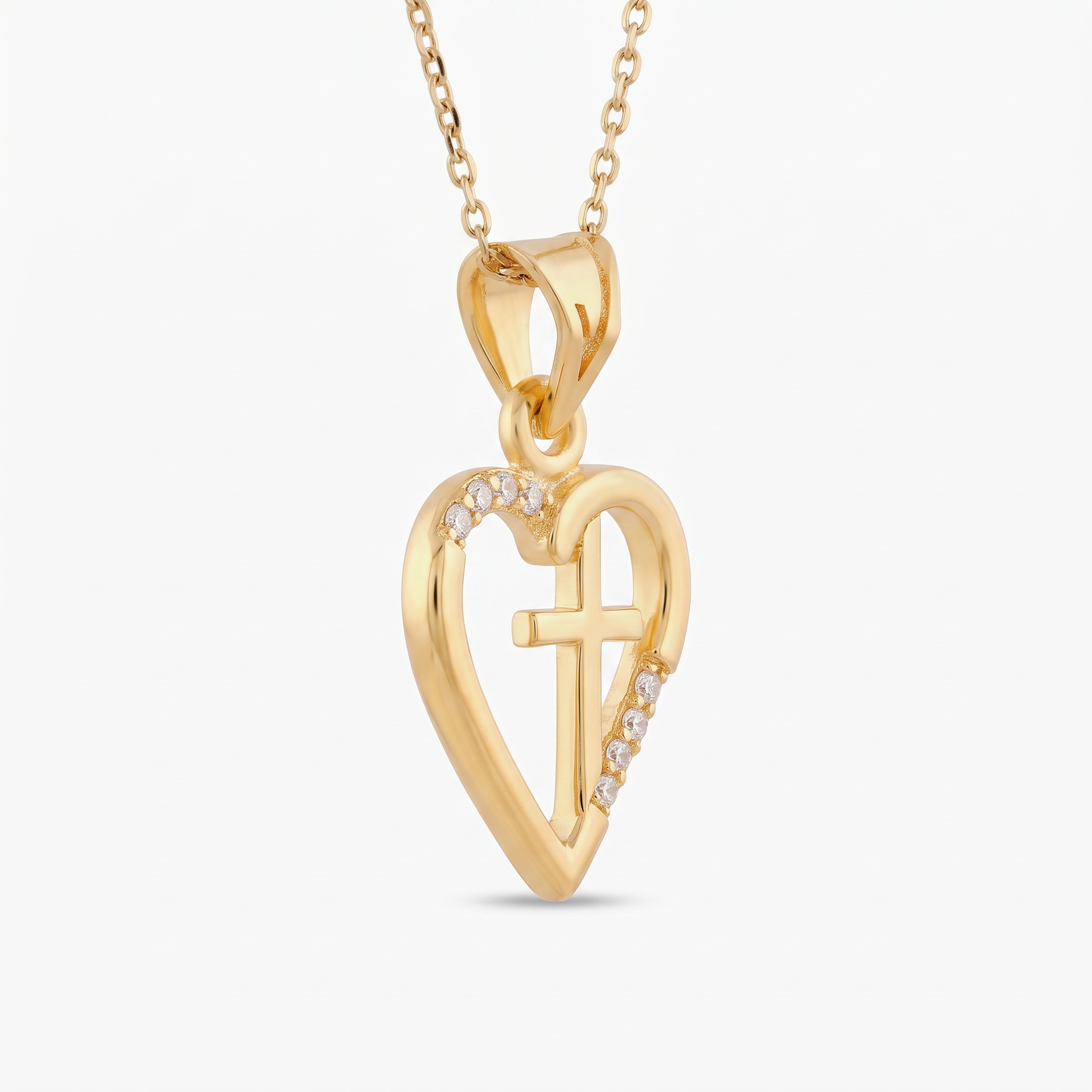Gold heart cross necklace for women, an open heart pendant with a cross inside and pavé stones, 18K gold vermeil